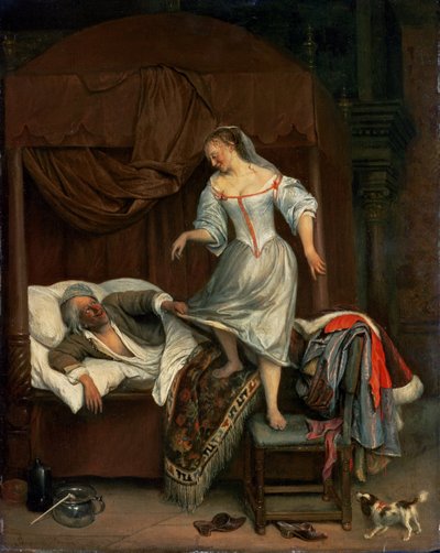 Soveværelsesscene (panel) af Jan Havickszoon Steen