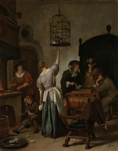 Interiør med en kvinde, der fodrer en papegøje, kendt som "Papegøjeburet", ca. 1660-70 (olie på lærred på panel) af Jan Havickszoon Steen