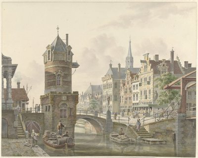 Kanal i en by med et tårn ved en stenbro af Jan Hendrik Verheijen