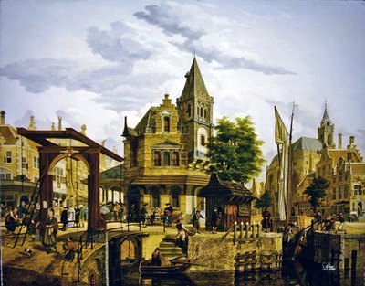 En hollandsk gadescene langs en kanal af Jan Hendrik Verheyen