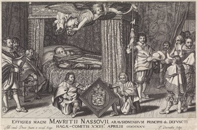 Paradebed van Prins Maurits, 1625 Billedbilleder af den store Maurice Nassouii, prins af Arausion osv. af afdøde Haag-Comitis XXIII april 1825 (titel på objekt) af Jan Hendriksz. Verstraelen