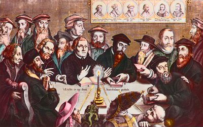 Lyset er placeret på lysestagen - Indgravering af Jan HOUWENS, der viser reformatorerne - John Calvin og Martin Luther Imaginary Meeting of Reformist Leaders: John Wyclif (eller Wycliff eller Wycliffe) af Jan Houwens
