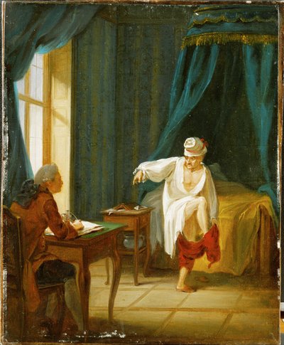 Voltaire i natskjorte, tager sine bukser på, mens han dikterer til sin sekretær, i sit hjem i Fernet, Frankrig ... (olie på papir limet på karton) af Jan Huber
