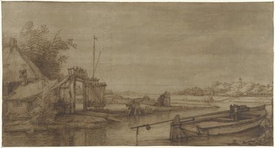 Sejlerudsigt med gård og liggende pram af Jan Hulswit (possibly)