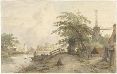 Landskab med en bro og hus på en vej langs et vand af Jan Hulswit