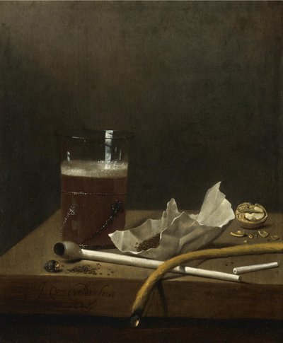 Stilleben med et glas øl, en pibe, tobak og andre fornødenheder til rygning, 1658 af Jan III van de Velde