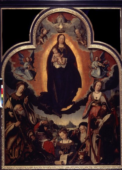 ""La Vierge en Gloire"" (Jomfruens forherligelse) Blandt karaktererne omkring Jomfruen og Jesus Kristus: Kong David, der spiller harpe, den romerske kejser Augustus (Caius Julius Caesar Octavianus Augustus) (63 f.Kr.-14 e.Kr.), profeter af Jan II Provost