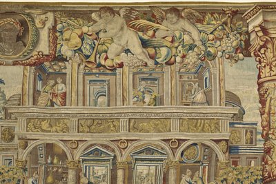 Detalje af paladset og musikerengel fra Vertumnus og Pomona, ca. 1630 af Jan II Raes
