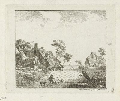 Landskab med hyrde og får på to gårde af Jan Izaak van Mansvelt