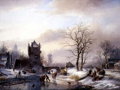 Skatere på en frossen flod (olie på lærred) af Jan Jacob Spohler