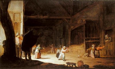 En maskerader, der skræmmer børn i en lade af Jan Jansz van Buesem