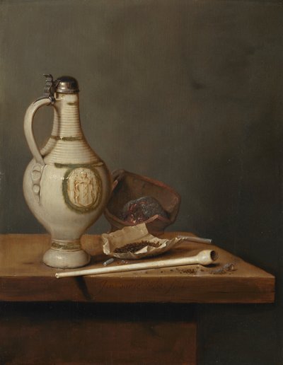 Stilleben med stentøjskande og pibe, midten af 1650