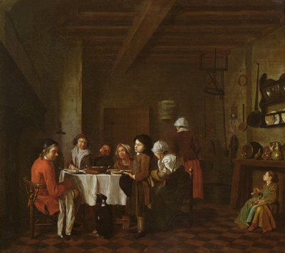 Interiørscene, familiemåltid af Jan Josef the Elder Horemans