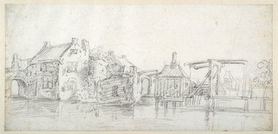 En kanal med bygninger, herunder et toldhus og en toldbro, ca. 1650 (sort kridt på hvidt papir) af Jan Josefsz. van (circle of) Goyen