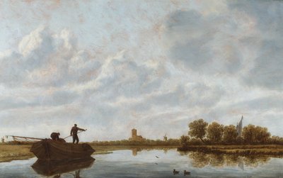 Mænd på en pram i et flodlandskab med en kirke i det fjerne (olie på panel) af Jan Josefsz. van (circle of) Goyen