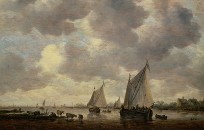 En kanal i Holland, eller to store sejlskibe og kvæg nær en flod af Jan Josephsz van Goyen