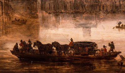 En stor færge med en vogn med fire heste (Nijmegen), detalje af Jan Josephsz van Goyen