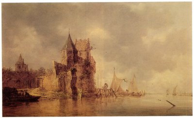 Et middelaldertårn på en borgvold med sejlskibe ved en anløbsbro og en robåd i forgrunden, ca. 1642 (olie på panel) af Jan Josephsz van Goyen
