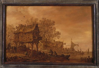 En landsby ved en flodbred med bønder i en båd ved et svaleslag, 1651 af Jan Josephsz van Goyen