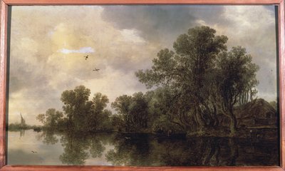 Et skovklædt flodlandskab, med bønder i en robåd ved et sommerhus og en færge, en sejlbåd i det fjerne, 1633 af Jan Josephsz van Goyen