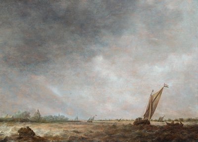 En flodmundingsscene med skibsfart i uroligt vand (olie på panel) af Jan Josephsz van Goyen