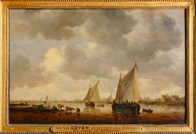Deux grandes barques à voiles sur un fleuve et bestiaux près de la rive - To store sejlbåde på en flod og dyr på bredden ... af Jan Josephsz van Goyen