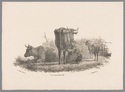 Malkende bondekone, to køer og en vædder Beesten Studien af ​​J. Kobell efter Paul Potter Nr. 1 (serietitel) af Jan Kobell (III)