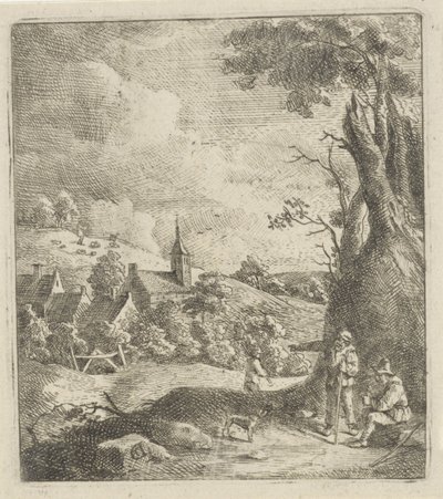 Landskab med en landsby og to mænd ved et træ af Jan Lauwryn Krafft (I) (attributed to)