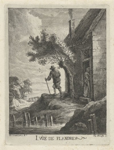 Bondehus ved havnefronten 1. Vûë de Flandre (titel på objektet) Udsigt over Flandern (serietitel) af Jan Lauwryn Krafft (I)