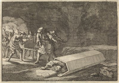Begravelsestjenere i Rom ser, at Antonio Marlini, som de havde begravet i en hvælving nogle dage før, tilsyneladende må have været død, 1696 af Jan Luyken