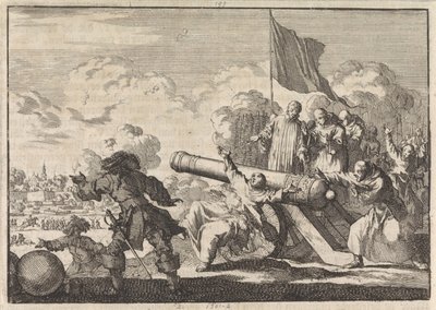 Belejring af Groningen, hvor en kanon velsignes af seks munke, 1672 af Jan Luyken