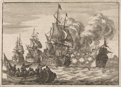 I Valencia bliver den spanske admiral Papachino angrebet af tre franske skibe under admiral Tourville for ikke at hilse hurtigt nok, 1688 af Jan Luyken
