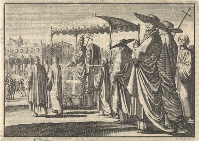 Christian IV, konge af Danmark, klædt som pave, efterligner en procession med sine hofmænd, 1596 af Jan Luyken