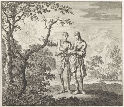 Emblem: edderkop To mænd ser på et edderkoppespind af Jan Luyken