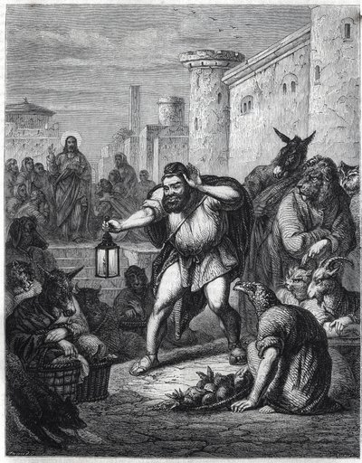 Esop og Kristus: Den græske forfatter Esop (Esop eller Esopus, 6. århundrede f.Kr.) krydser med en lanterne i hånden en tur mellem karakterer med dyrehoveder på jagt efter "en mand". Bag ham ser vi Jesus Kristus. Illustration inspireret af fablen "Esope a  af Jan Luyken