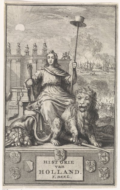 hollandsk jomfru Titelside for: F. de la Neuville, Hollands historie bd. I, 1704 af Jan Luyken