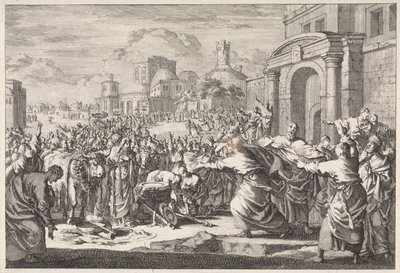 Beboere i Lystra ønsker at ofre kvæg til de to apostle af Jan Luyken