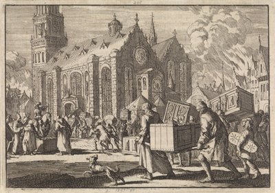 Indbyggere i Spires bringer i god tro deres møbler til katedralen, hvor de efterfølgende bliver brændt af den franske general Monclar, 1689 af Jan Luyken