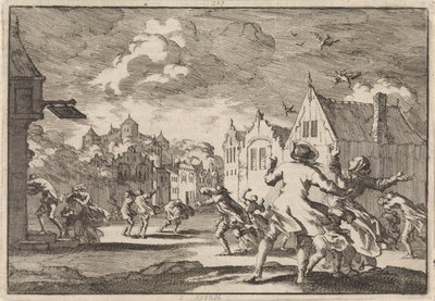 Indbyggere i en landsby nær Luchow Slot i Lüneburg bliver overhalet af en hvirvelvind, der får fuglene til at falde døde ned fra himlen, 1671 af Jan Luyken