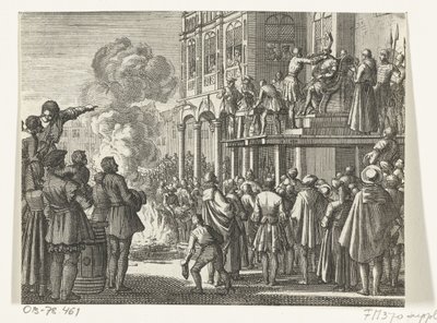 Jacob van Campen med bispehue på hovedet på skafottet i Amsterdam, 1535 af Jan Luyken