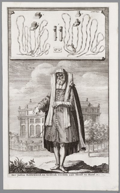 Jødisk mand, klædt på til bøn. I baggrunden den portugisiske synagoge i Amsterdam af Jan Luyken
