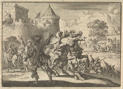 Den kejserlige kommandør Dampier falder fra sin hest efter et skud fra murene i Presburg (Bratislava), 1620 af Jan Luyken