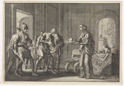 Mor viser krigere resterne af sit spiste barn under hungersnøden i Jerusalem, 1704. af Jan Luyken