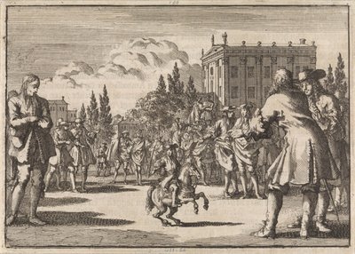 På en plads i Madrid har en menneskemængde samlet sig omkring Louisillo, dværgen af ​​den spanske konge, 1675 af Jan Luyken