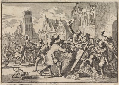 Optøjer i Dordrecht, hvor et billede af Cornelis de Witt bliver ødelagt af folket, 1672 af Jan Luyken