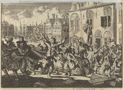 Oprør i Enkhuizen, hvor viceadmiralernes huse Kwast og Turk bliver ødelagt, 1635 af Jan Luyken