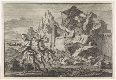 Romerske soldater har ødelagt et tårn på muren i Gamala af Jan Luyken