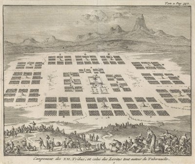Lejre for de tolv Israels stammer omkring tabernaklet Campement des XII Tribus, et celui des Levites tout autour du Tabernacle (titel på objektet) af Jan Luyken