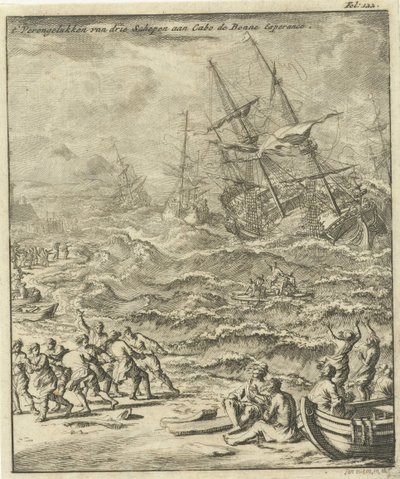 Forlis ved Kap det Gode Håb, 1693 Tre skibe styrter ved Cabo de Bonne Esperance (titel på objekt) af Jan Luyken