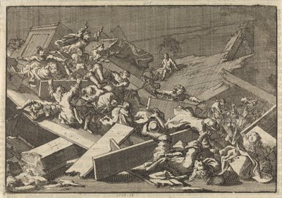 Etage i huskirken for den kejserlige befuldmægtigede grev von Bercka kollapser, 1697 af Jan Luyken